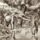 Artist’s conception of a lagoon in Chile during the late Pleistocene. Notiomastodon is pictured near two giant ground sloths (left), the equine Hippidion saldiasi (center left), an ancient llama relative (center right), a jaguar, and Macrauchenia patachonica (right), a three-toed herbivore.